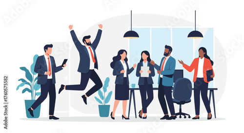 Successful team celebrating a major achievement in the office.