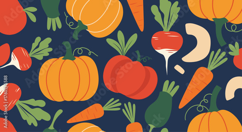 A bountiful harvest of fresh vegetables including pumpkins carrots and radishes.