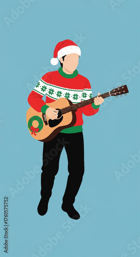 Joyful guitarist in a festive Christmas sweater, sharing melodies for holiday cheer, perfect for Thanksgiving moments and winter celebrations