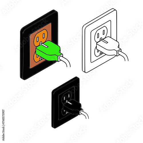 Three isometric illustrations of electrical outlets with plugs. The first is a black outlet with a brown faceplate and a green plug