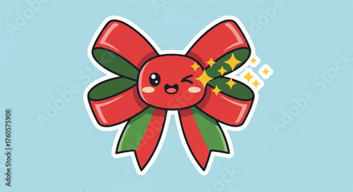 A charming, winking red and green holiday bow illustration, perfect for festive seasonal projects celebrating Christmas and Thanksgiving joy