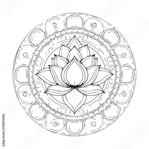 Intricate hand drawn lotus flower mandala design for coloring book page.