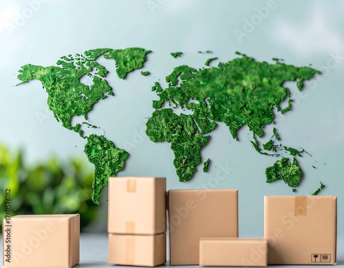 Global Shipping and Sustainability - Cardboard Boxes with a World Map Backdrop.