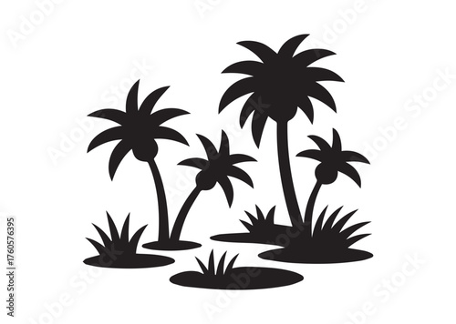 Shows a desert oasis with palm trees and grass growing Vector