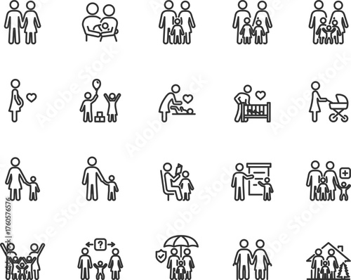 Vector set of family line icons. Contains icons mother, father, pregnancy, children, upbringing, child care, custody, adoption and more. Pixel perfect.