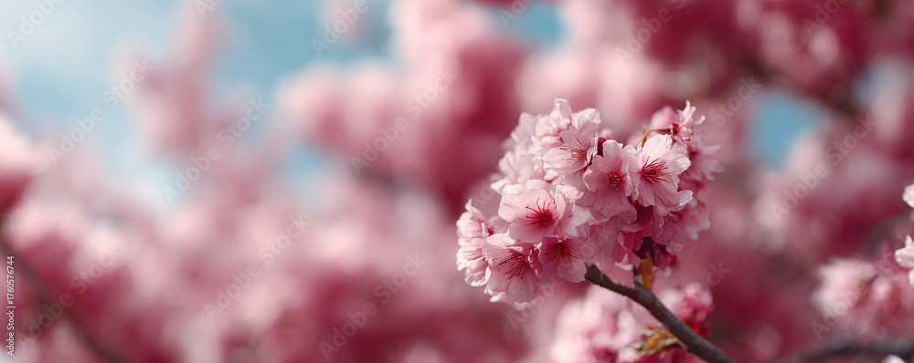 Obraz premium Dreamy closeup of pink cherry blossoms against a soft blue sky. Evokes themes of spring, renewal, and delicate beauty. Perfect for projects needing a touch of romance.