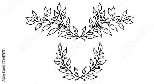 Twigs with leaves on round frames and flower corners, black and white sketch, simple drawing. Vector illustration. Floral botanical wreath, a set of silhouettes isolated on a white background. 