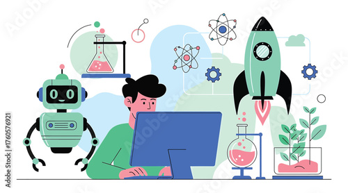 Vector art of a young man works on a computer surrounded by scientific elements, including a robot, rocket, and lab equipment, representing innovation and technology