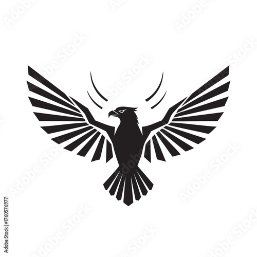 Minimalist black eagle silhouette icon with spread wings isolated on white background.