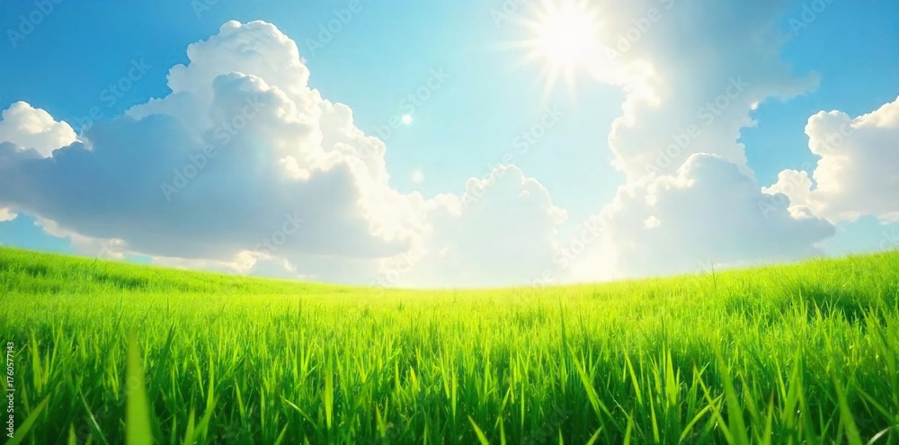 Obraz premium Sunbeams Dance Through Fluffy Clouds Illuminating a Grassy Field, Creating a Bright and Cheerful Spring Scene Perfect for Backgrounds and Textures