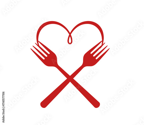 Red forks forming heart shape symbolizing love for food  