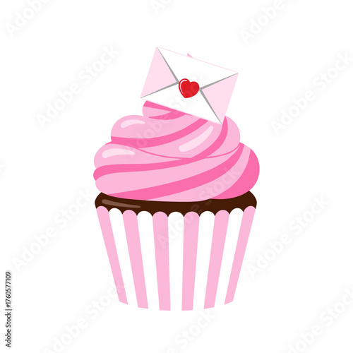 Pink cupcake topped with love letter envelope illustration  