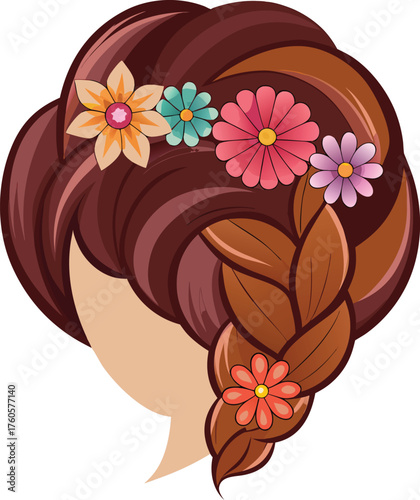 Braided Hair with Colorful Flowers – Stylized Hairstyle Illustration from Rear View”