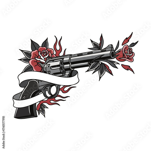 Traditional tattoo style illustration of a revolver handgun with red roses and flames.