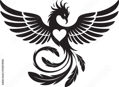 Mythical Phoenix Bird Vector Art with Heart Symbol - Powerful Detailed Illustration