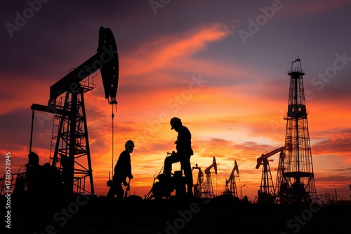 Oil workers at oil extraction, petroleum industry at sunset