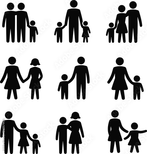 Family silhouette illustration set, parent child icons, social relationship artwork, intergenerational design, lifestyle people graphic, community support collection