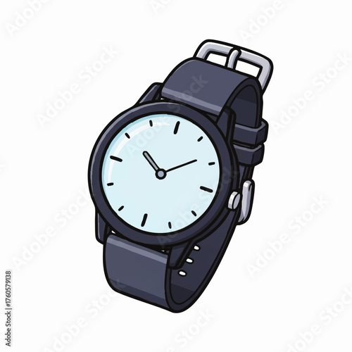 A simple cartoon illustration of a classic black wristwatch with a white face.