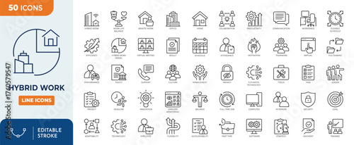 Minimalist Hybrid work outine icons set with editable stroke. Containing remote work, home, office, flexibility, Freelance, and more. thin linear illustration.