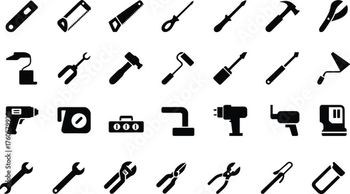 Hand tools and power tools silhouette set, construction repair icons, DIY equipment artwork, workshop hardware design, mechanical tool graphic collection