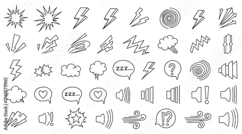 Vector art of a collection of handdrawn comic speech bubbles and sound effects, including lightning bolts, clouds, hearts, and wind symbols