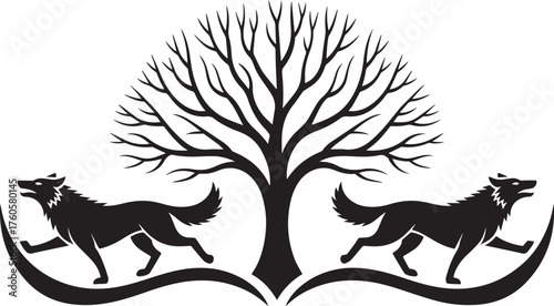 Striking Silhouette of Tree of Life and Wolves with Decorative Crescent Scrolls Celtic Viking Art