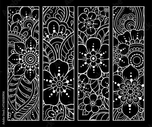Printable bookmark for book - coloring. Set of black and white labels with flower patterns, hand draw in mehndi style. Sketch of ornaments for creativity of children and adults with colored pencils.