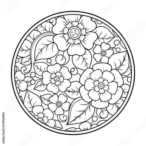 Outline round flower pattern in mehndi style for coloring book page. Antistress for adults and children. Doodle ornament in black and white. Hand draw vector illustration.