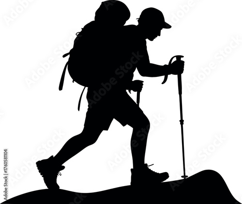Black silhouette of hiker with backpack and poles trekking poles