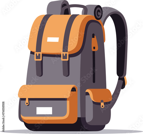 A stylish and durable grey and orange backpack with multiple compartments and buckle closures perfect for travel and outdoor adventures