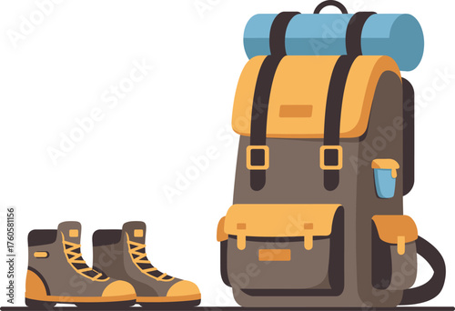 A large hiking backpack with a sleeping mat on top and sturdy hiking boots placed beside it ready for adventure