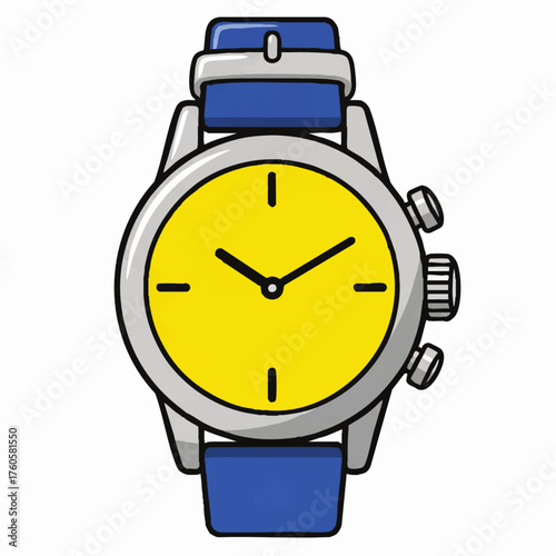 A colorful cartoon style illustration of a wristwatch with a bright yellow face and blue strap.