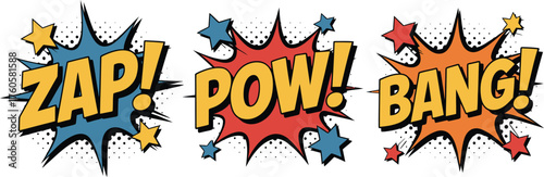 Three comic book style sound effect words zap pow bang in bright explosive bursts with stars