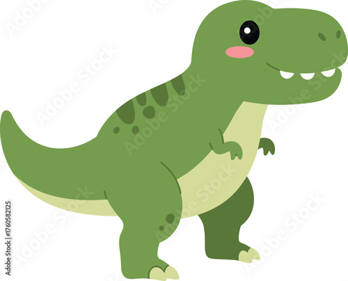 Adorable cartoon green tyrannosaurus rex dinosaur with big eyes and rosy cheeks standing and smiling perfect for children s illustrations and designs