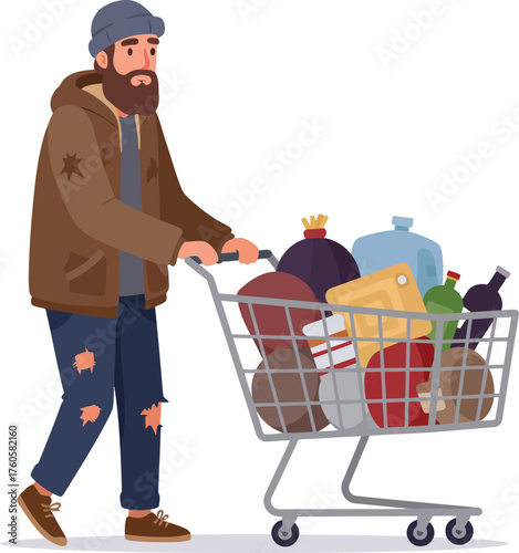 Homeless man with beard and beanie pushing shopping cart filled with belongings and clothing on white background