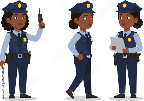 Diverse female police officer in uniform standing and walking holding radio and document representing law enforcement and security