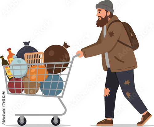 A man dressed in worn clothing pushes a shopping cart filled with various bags and items representing homelessness and poverty