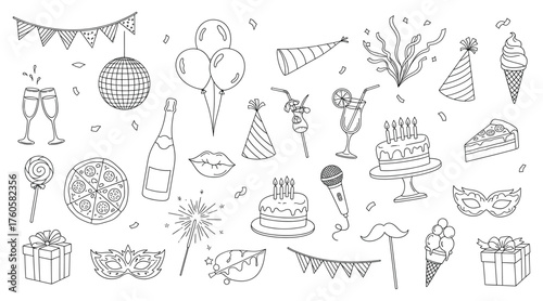 Vector art of seamless pattern with hand drawn party elements cute background with balloons, cake, confetti, champagne and other symbols vector illustration