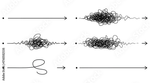Vector art of concept of problem solving, chaos and simplicity messy line, tangle of thread, abstract clew vector illustration of way from point a to point b