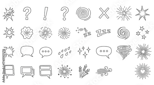 Vector art of hand drawn doodle vector set collection of sketch elements, speech bubbles, fireworks, swirls, question marks, and other symbols for design projects