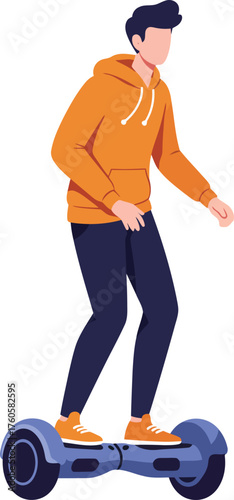 Young man in an orange hoodie and dark pants confidently riding a blue self balancing electric scooter on a white background