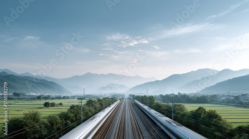 Modern highspeed train blurring through a scenic landscape with misty mountains  lush green fields. Represents progress, travel, and efficiency. Ideal for transportation, tech, or travel themes.