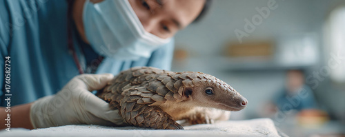 Hope for endangered wildlife. Veterinarian caring for a rescued pangolin, symbolizing conservation, medicine, protection, and animal welfare. Perfect for campaigns, education and reports.