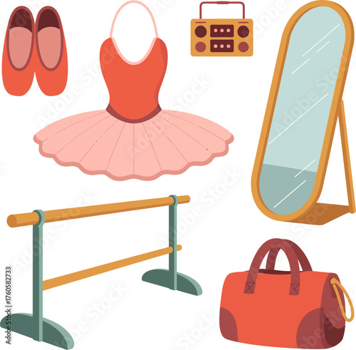 Professional cartoon dancer tools set – well-designed ballet shoes, tutu, full-length mirror, wooden barre, dance bag, and music player