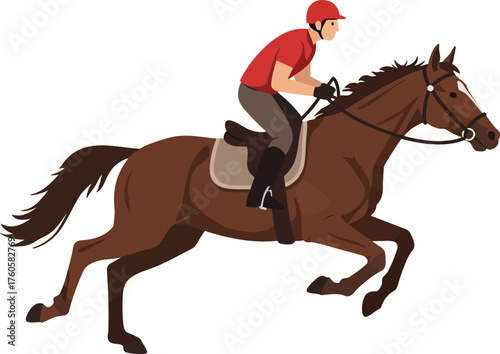 Dynamic illustration of a skilled equestrian rider in a red helmet and shirt jumping a brown horse over an unseen obstacle