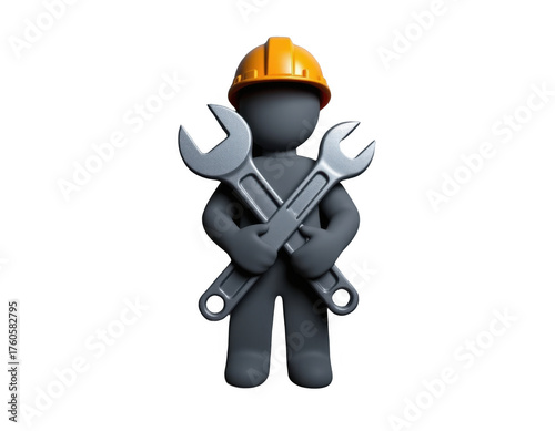 3D rendered illustration of a gray humanoid figure wea a yellow construction helmet holding crossed wrenches symbolizing repair maintenance construction and manual labor activity