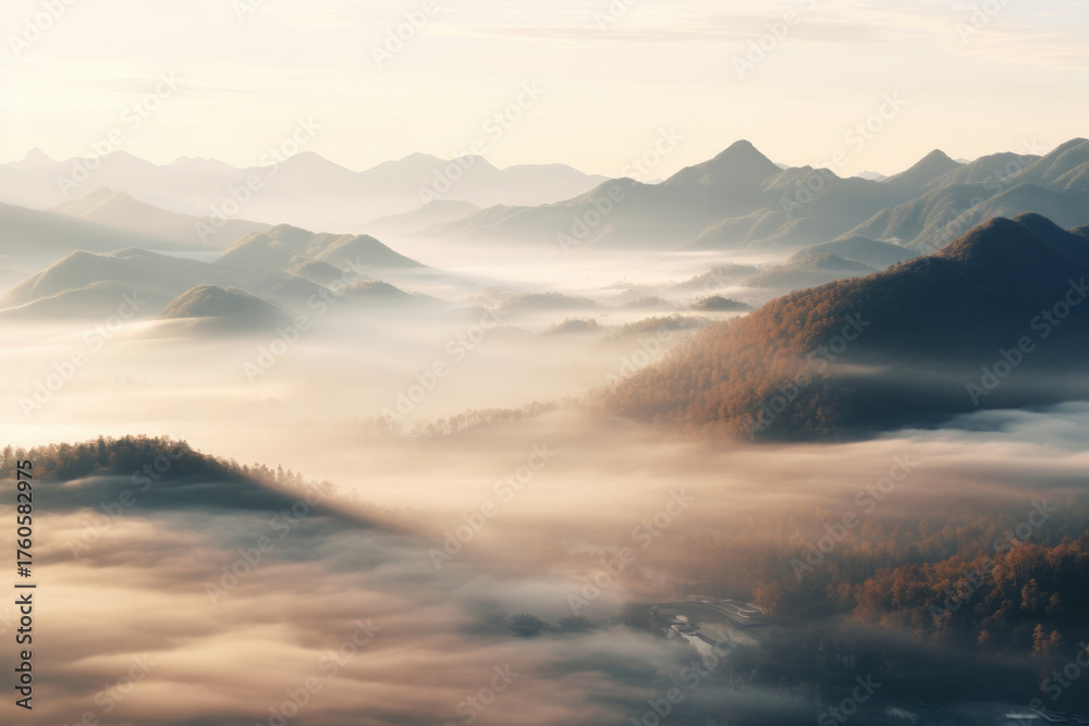 Fototapeta premium 朝霧に包まれた山々が連なる幻想的で静かな風景