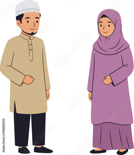 A muslim man and woman standing side by side dressed in traditional islamic clothing and head coverings isolated on a white background