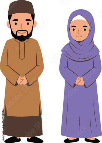 A muslim man wearing a traditional thawb and kufi stands beside a muslim woman in a purple hijab and abaya both with hands clasped