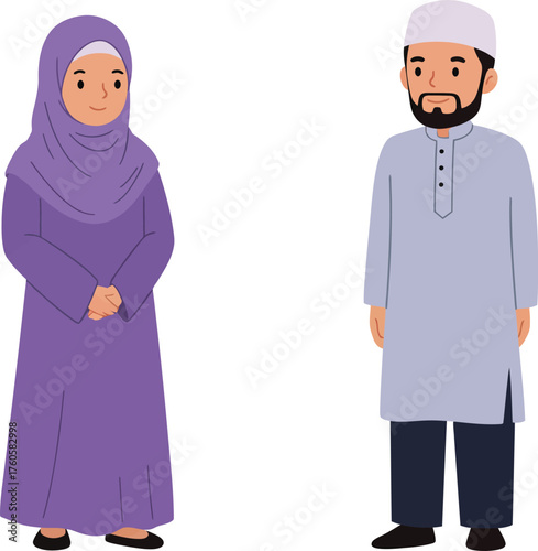 A muslim man wearing a white kufi cap and traditional thawb stands next to a muslim woman wearing a purple hijab and abaya
